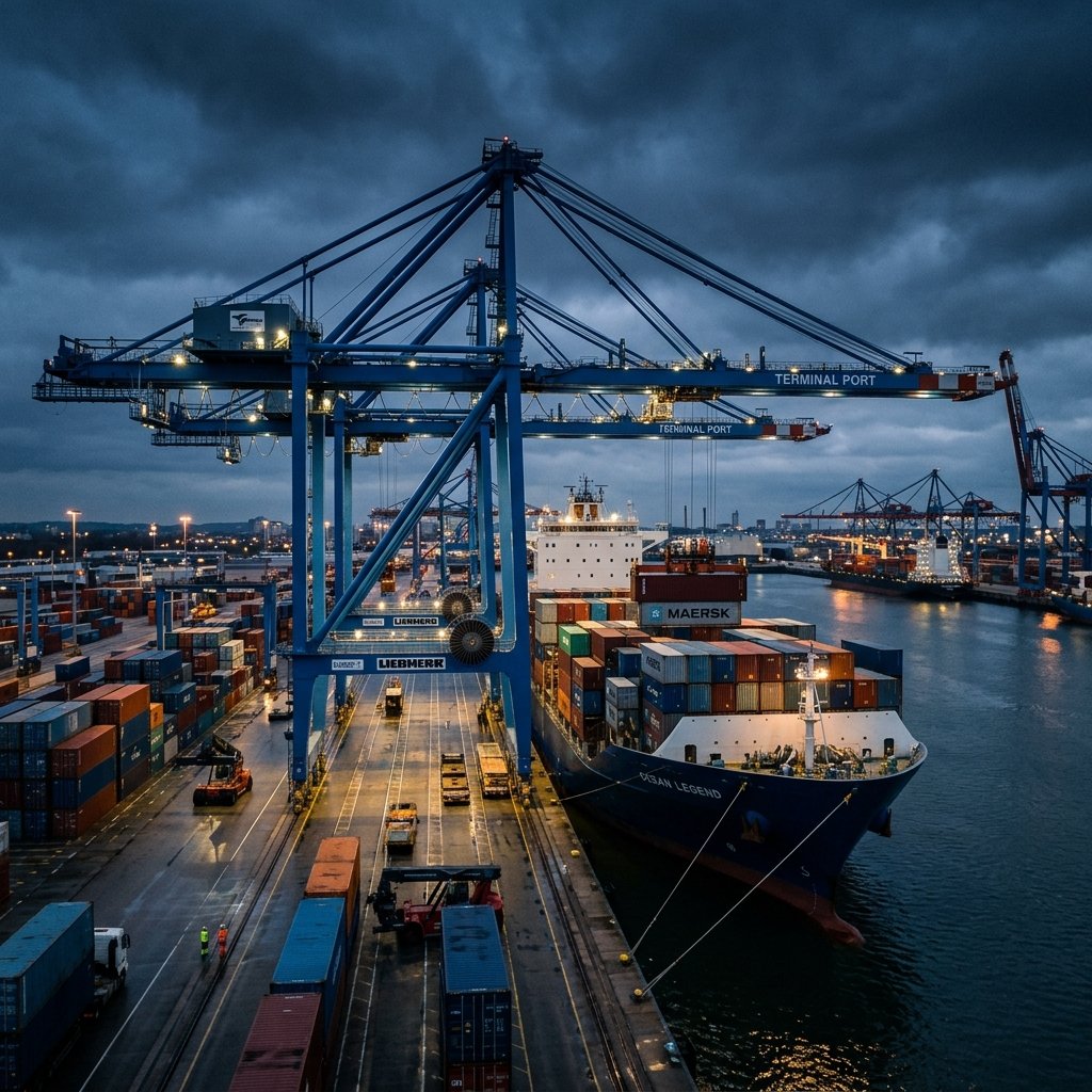 Shipping port crane loading containers